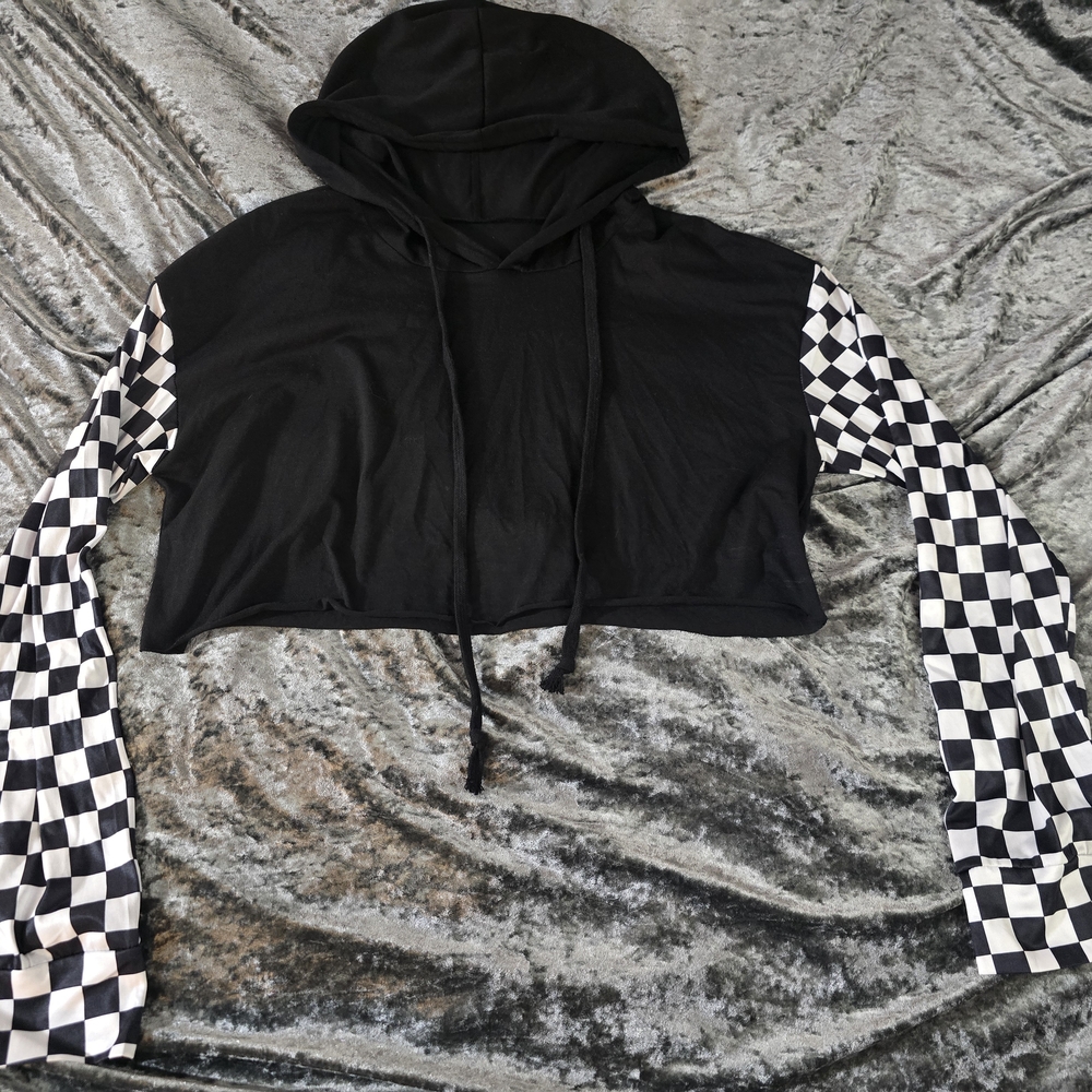 SHEIN Black Crop Hoodie with Checkered Sleeves